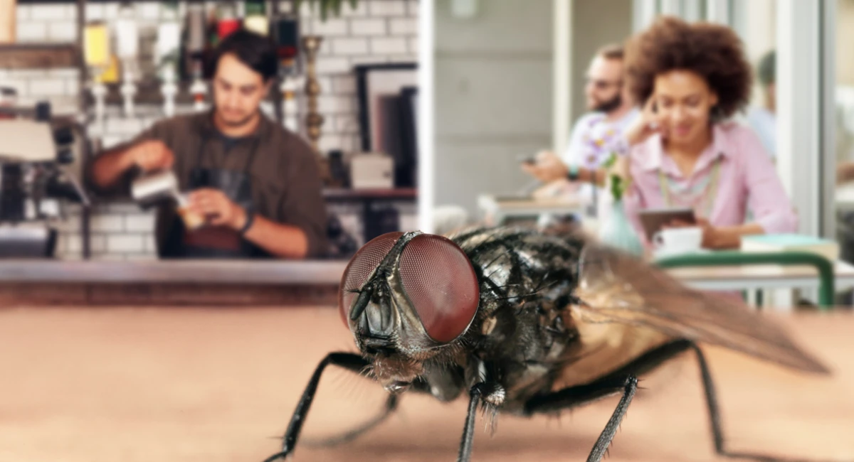 A sharp, close-up focus on a house fly in the foreground with the blurred interior of a coffee shop in the background, with customers and a barista pouring coffee