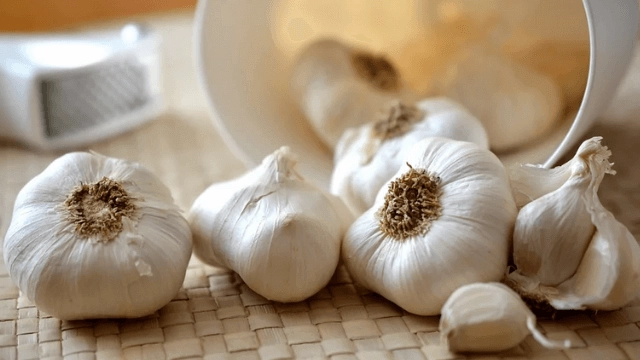 Garlic bulbs on a kitchen countertop