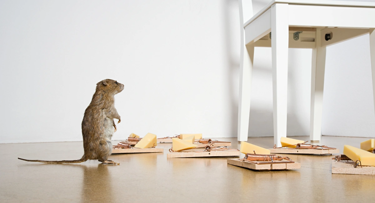 a mouse standing with its feet and tail to balance infront of mousetraps