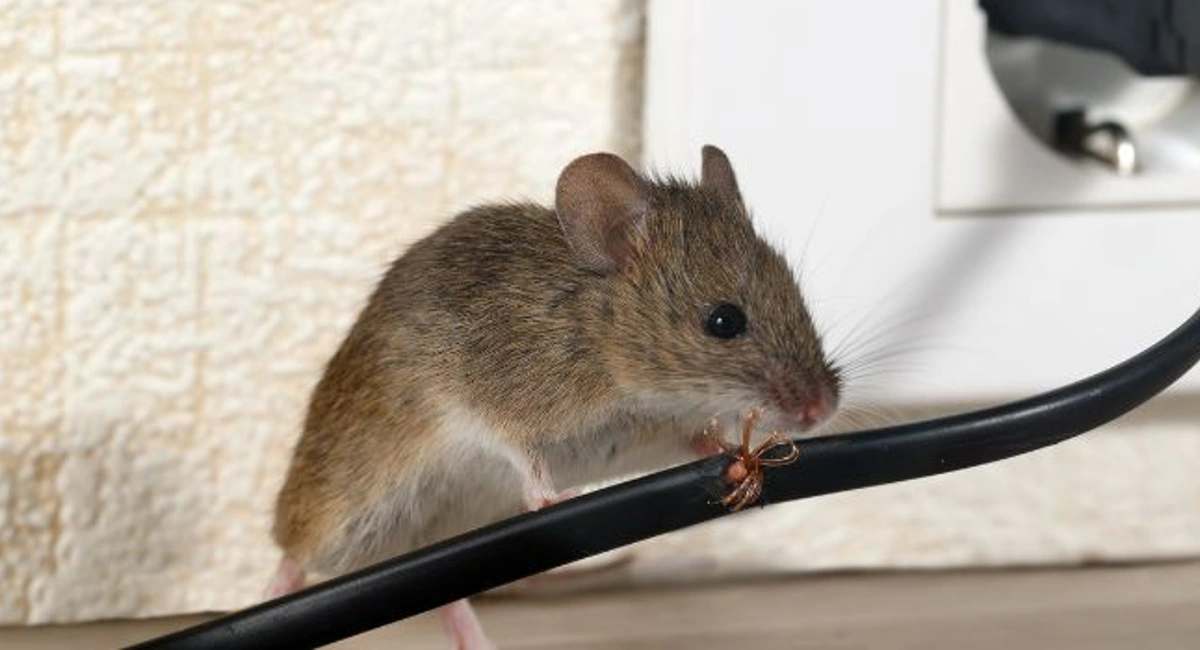 Rodent damage on a wire from a grey colored mouse chewing on the black wire that is plugged into an electrical outlet