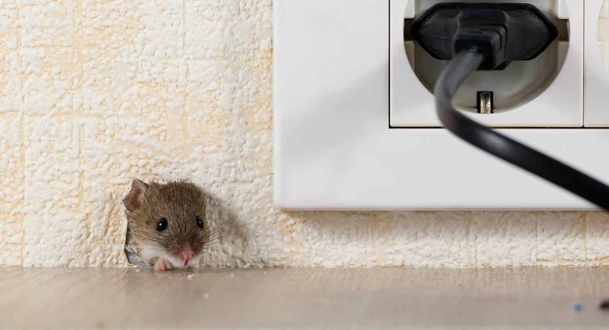 A mouse pokes its head out of a hole it created at the bottom of a wall, next to an electrical outlet