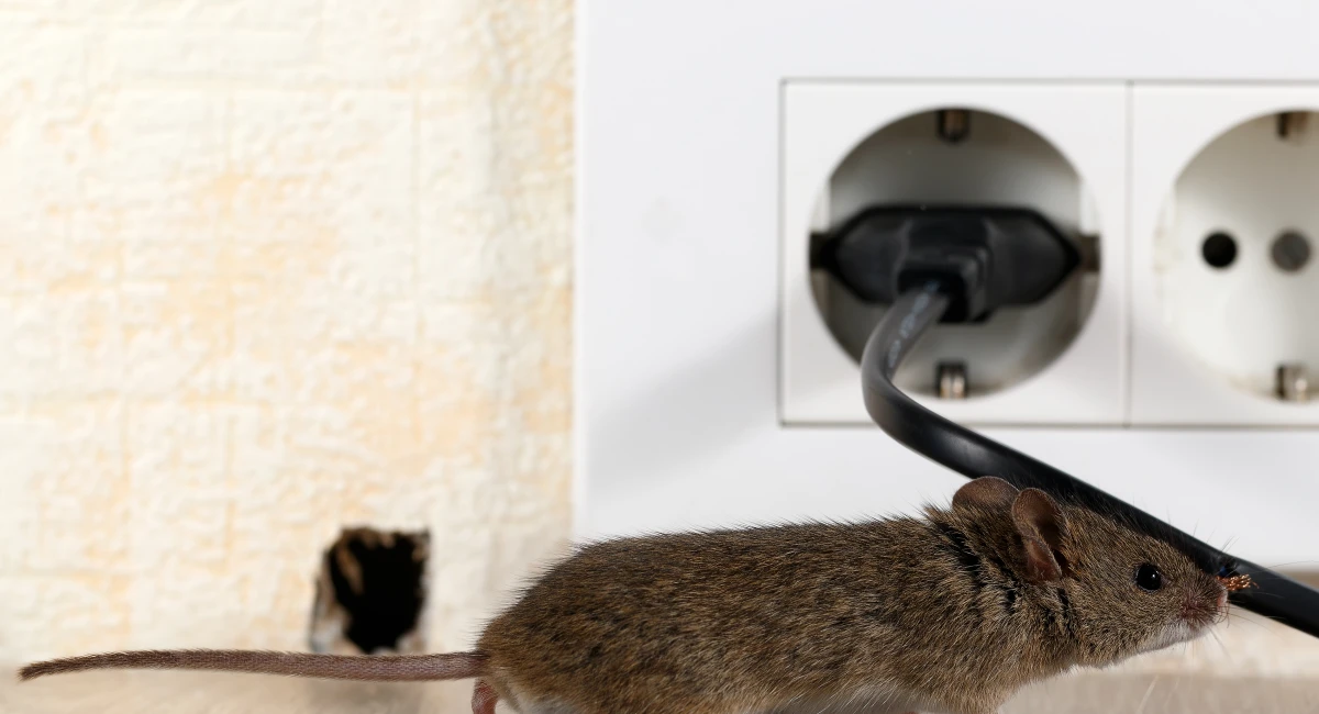 A mouse sniffs at an electrical cable, nearby a mouse hole
